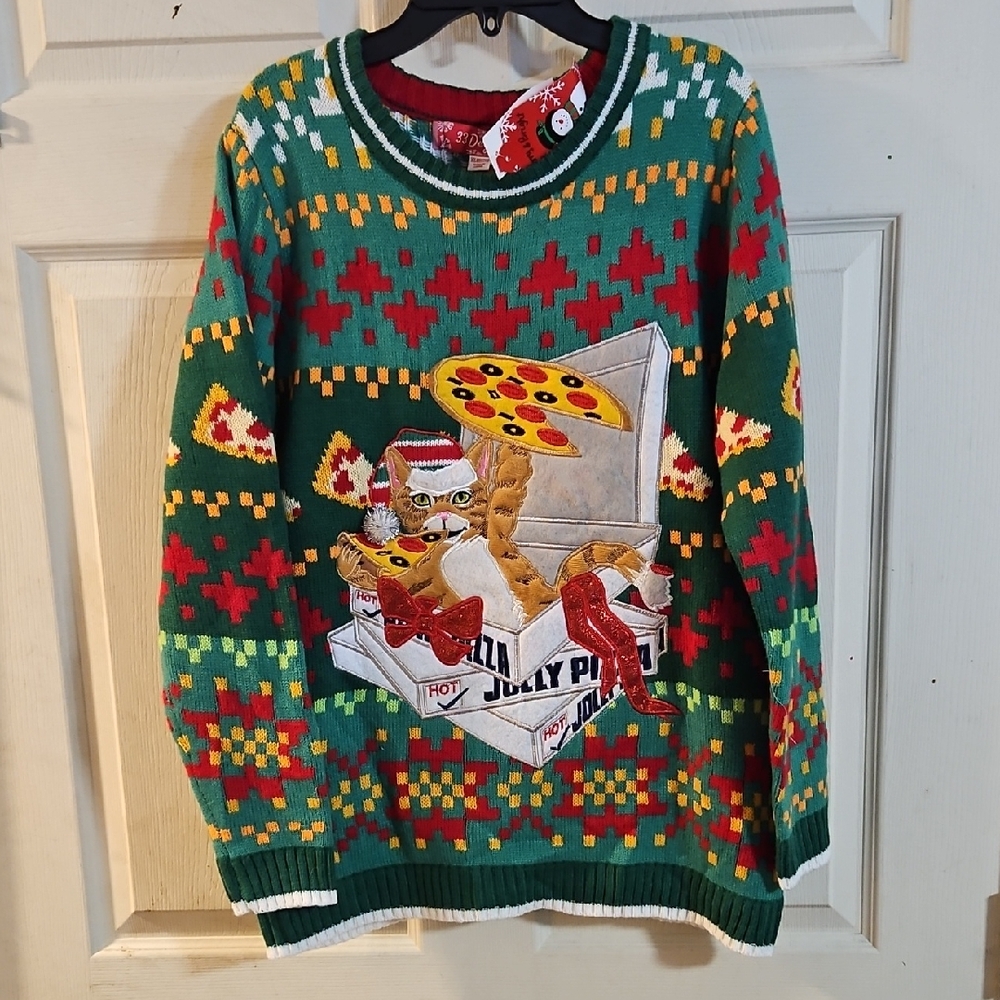 33 DEGREES CHRISTMAS CAT SWEATER: GREEN/RED: NEW WITH TAGS: SIZE XL (18/20)